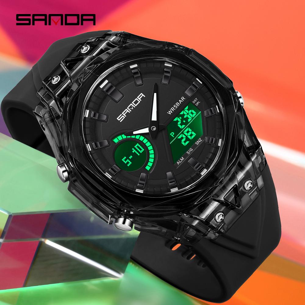 SANDA 6283 Спортивные часы с несколькими часовыми поясами и индикацией дня недели для мужчин, электронные, аналоговые, цифровые, 5 будильников, мужские, светодиодные, водонепроницаемые