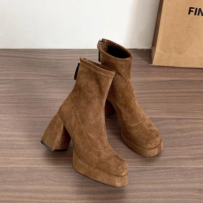 Designer Winter Women Modern Ankle Boots Short Plush Short Booties Ladies Platform Square High Heels Shoes