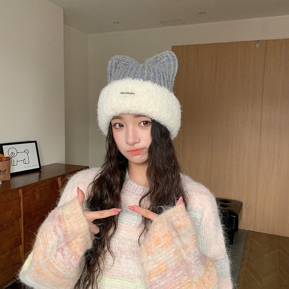 56cm to 58cm Cat Ear Beanie Polyester Winter Beanie Hat Plush KnittedHat Cold Weather Wear