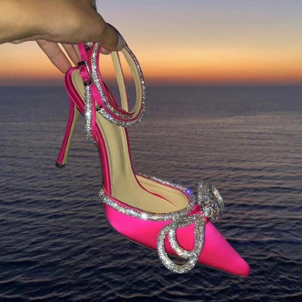 Женские туфли-лодочки со стразами и бантом на каблуке, блестящие свадебные туфли с закрытым острым носком, сексуальные туфли-лодочки с тонким каблуком и ремешком на щиколотке, свадебные туфли на каблуке, босоножки
