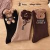 3 Pairs Women Spring Autumn Cartoon Bear Pattern Mid Tube Socks Fashionable Letter Printing Soft Comfortable Casual Socks