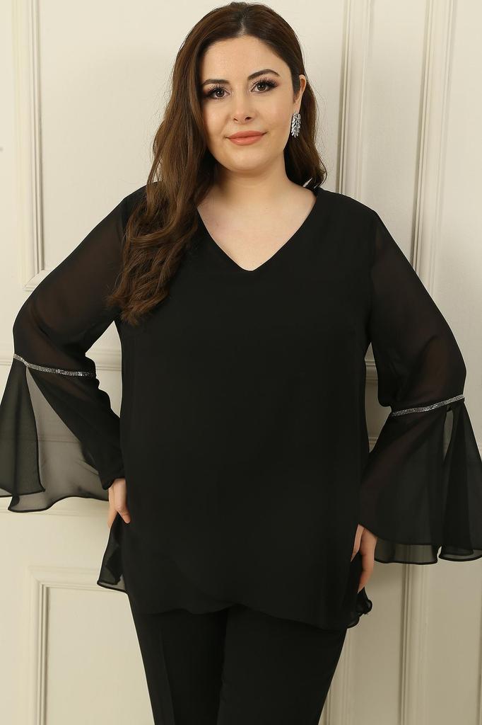 Рукава с V-образным вырезом Оборка Лента Каменная шифоновая блузка больших размеров