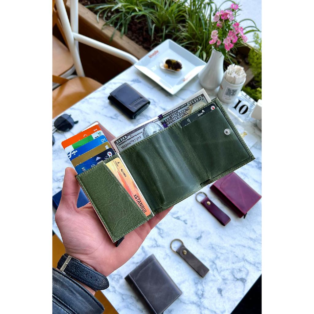 Унисекс черный кошелек из натуральной кожи с механизмом - (Специально для имени) - (Подарок на брелок из натуральной кожи)