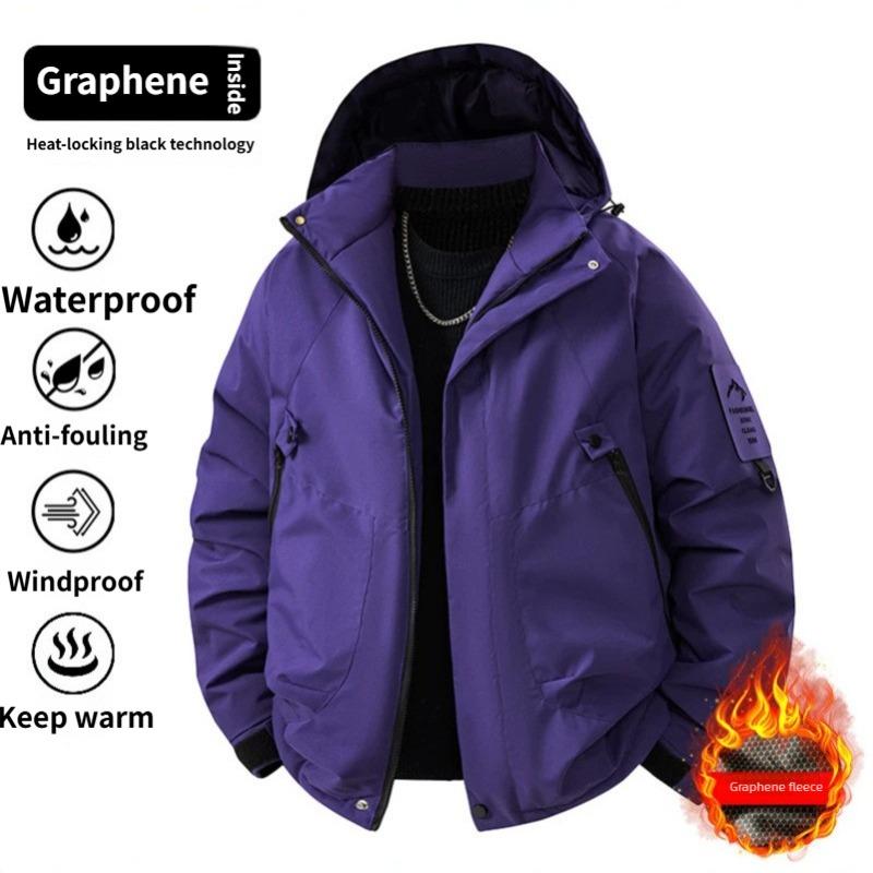 Winter new outdoor graphene heated jacket, men's cotton jacket, hooded windproof cotton jacket, fleece-lined thickened cold-resistant jacket