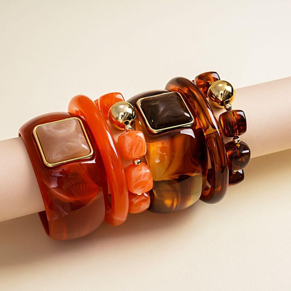 3 Pcs/Set Ombre Dye Vintage Square Bracelet Resin Acrylic Geometric Wrist Jewelry Vacation Wear