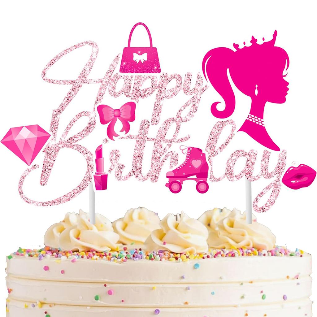 Hot Pink Princess Happy Birthday Cake Topper Pink Birthday Party Decoration for Girls Women Birthday Bridal Shower Bachelorette