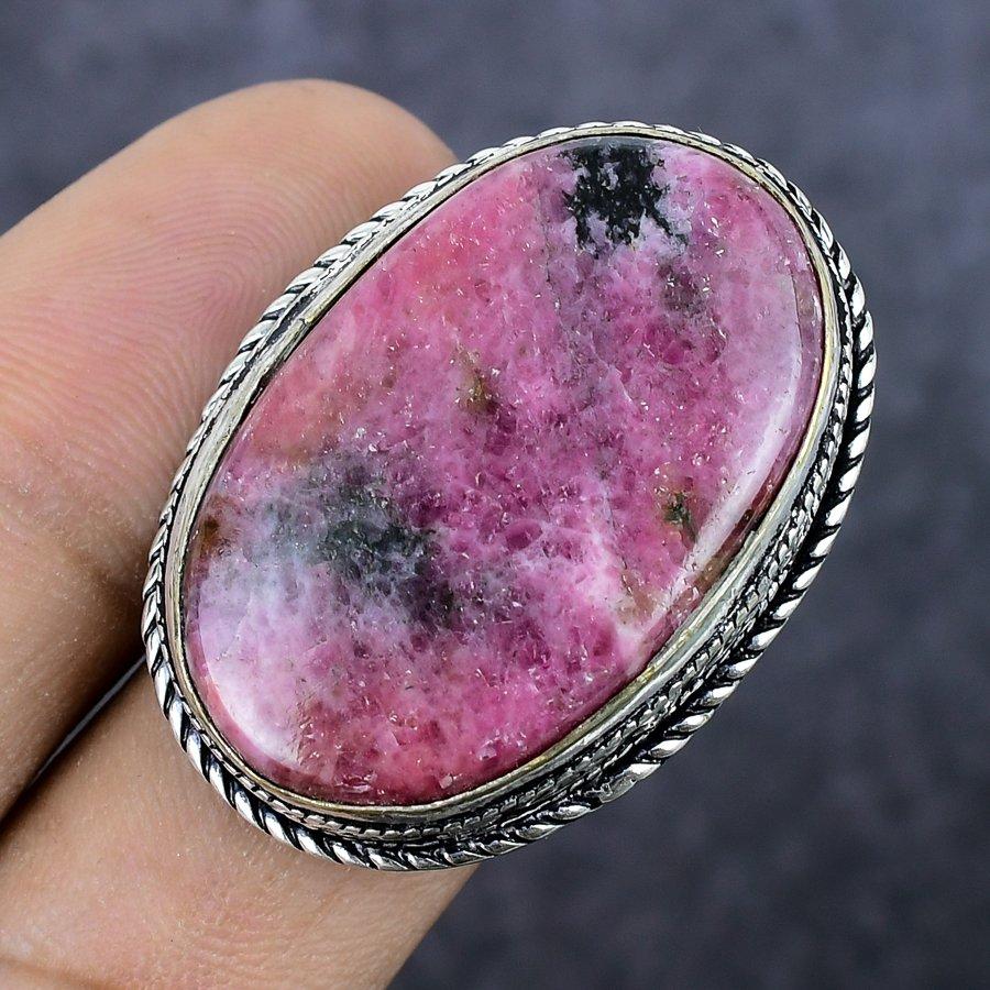 Natural Rhodonite Gemstone Handmade 925 Sterling Silver Jewelry Ring Size 8 C3b52
