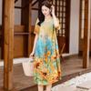 Summer short-sleeved cotton and silk printed dress, ethnic temperament, loose and thin color, covering meat mother medium and long dress