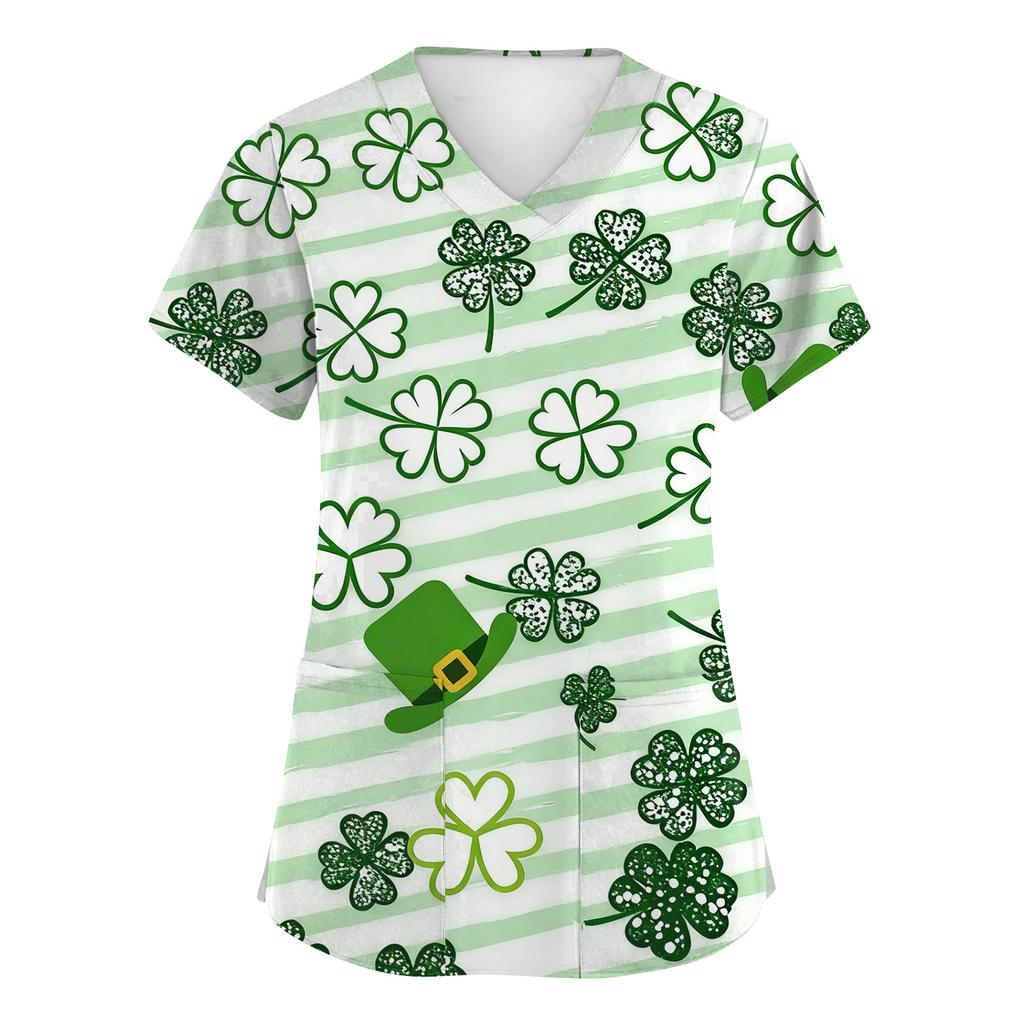 Women's Fashion Short-Sleeve Sleeve St. Patrick's Day Print V-Neck Pocket Workwear Top