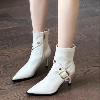 Мода 2024 года, модная обувь, женские ботинки с боковой молнией, зимние, с острым носком, однотонные, сексуальные, на коротком бочонке, на шпильке или тонком каблуке