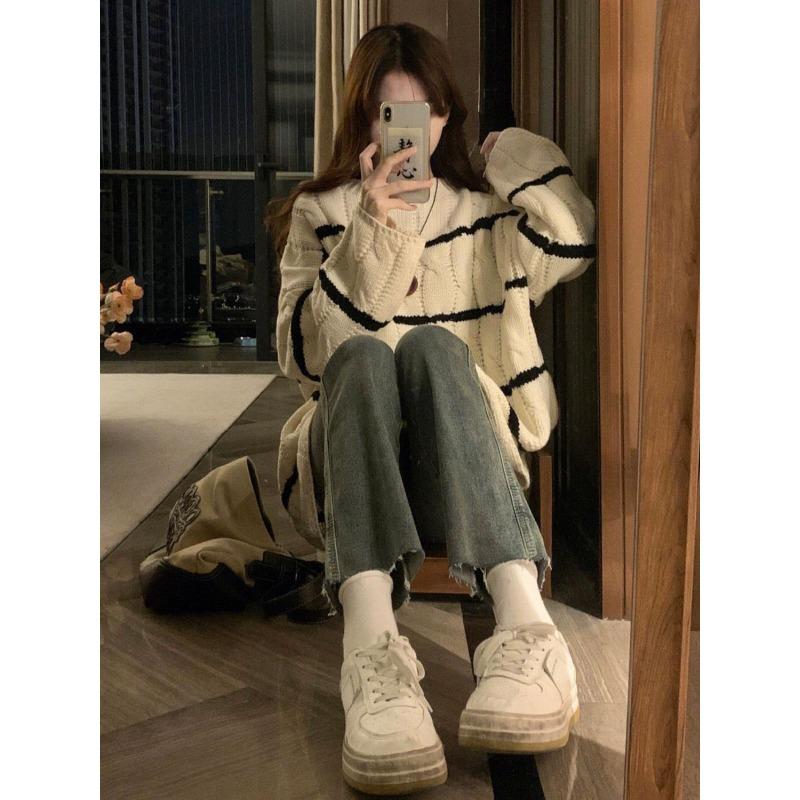 Striped Pullover Women Loose Wear Lazy Korean Gentle Pullover Thin Apricot Knitted Top Top Woman