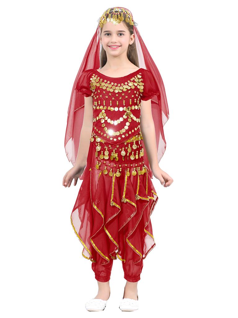 Костюм для танца живота для девочек, комплект из 4 предметов, укороченный топ со шнуровкой сзади, рукава-фонарики, брюки с оборками, шарф на бедрах и платок на голову