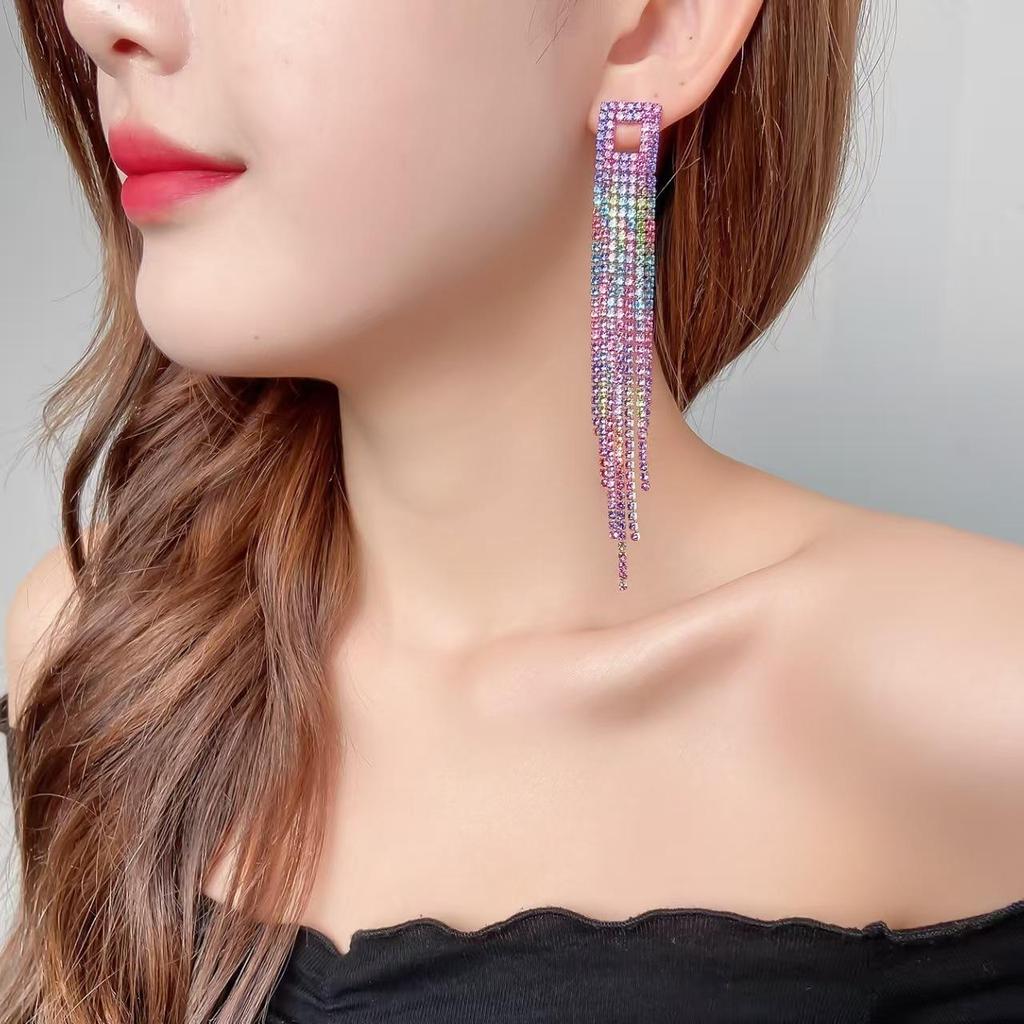 Premium Luxury Super Sparkle Rhinestone Long Tassel Earrings Women's Fashion Temperament Studded Earrings