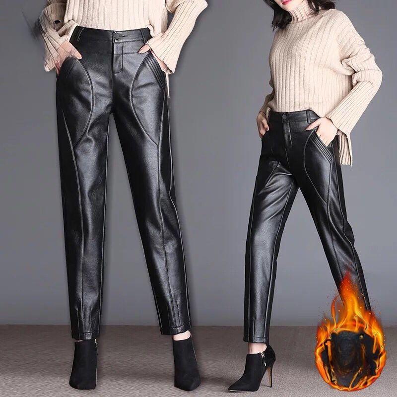 Утолщенные черные кожаные брюки женские свободные брюки-харлан с высокой талией осенне-зимние плюшевые брюки леггинсы повседневные брюки из искусственной кожи