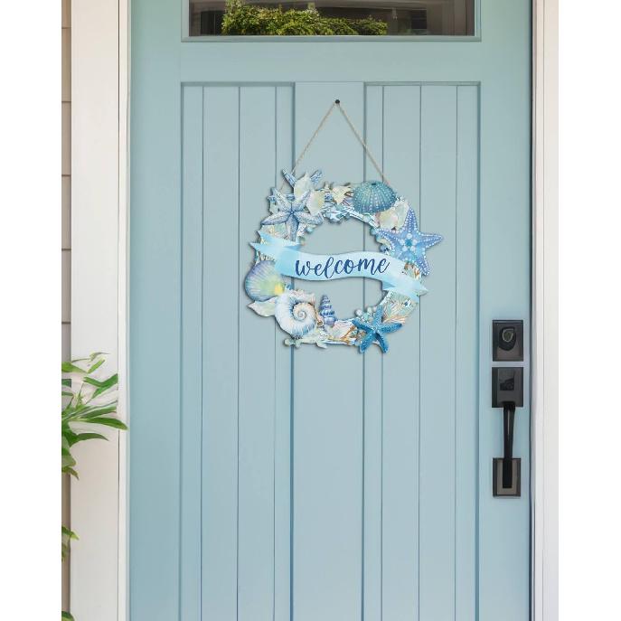 Putuo Decor Пляжные венки - Знак «Добро пожаловать в океан», Деревянный материал, Летний пляжный декор для входной двери, Дизайн с морской черепахой