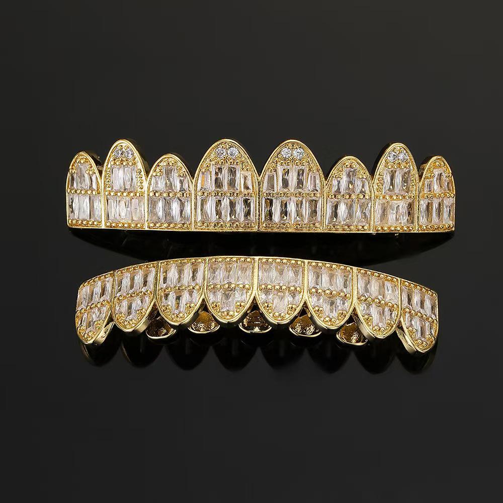 European and American Trendy HIOHOP 18K Gold Plated Hip Hop Grillz with Copper Inlaid Square Rhinestones.
