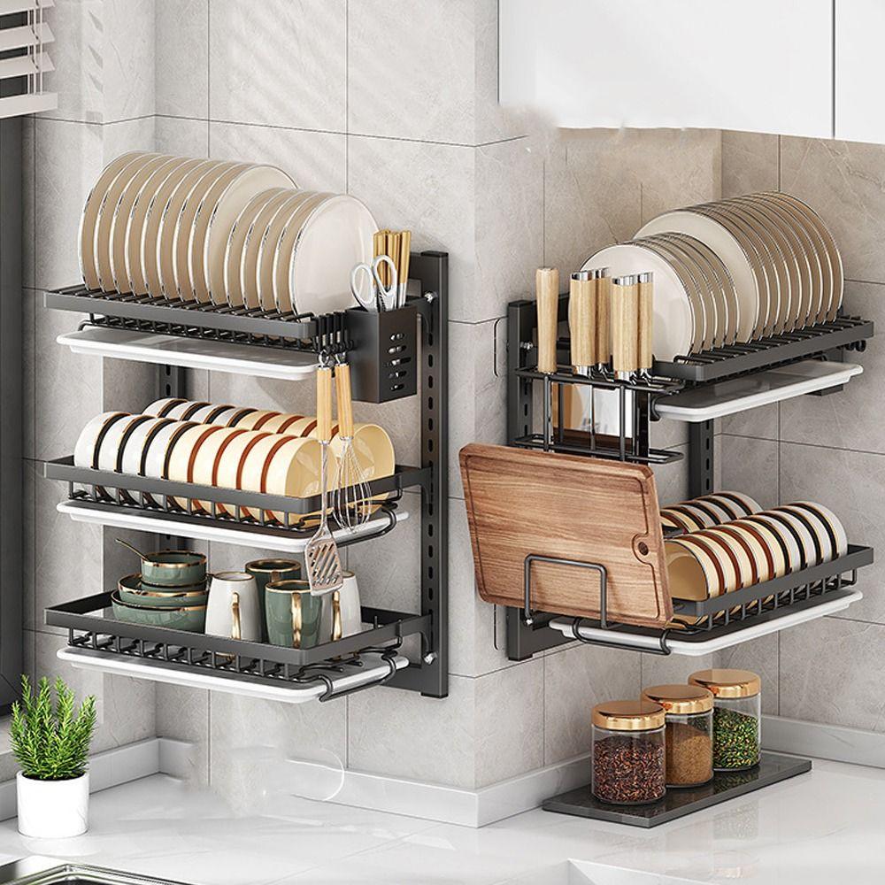 Rust-Proof Dish Drying Rack Wall Mounted Utensil Holder Kitchen Supplies Drain Tray  Kitchen Use