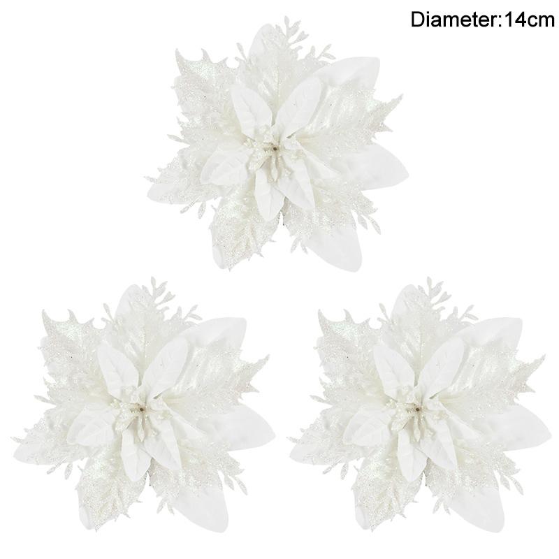 3/10pcs 14cm Christmas Flowers Glitter Red Gold Flower Head Xmas Tree Ornament New Year Decorations for Home Navidad Noel Gifts