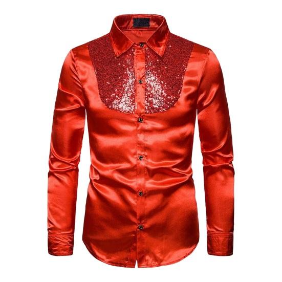 Мужская классическая рубашка с блестками, блестящая металлическая свадебная рубашка, рубашка на пуговицах с длинными рукавами и лацканами, однотонная приталенная рубашка, топы