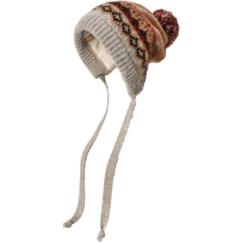 Женская вязаная шапка с помпоном в стиле Fair Isle - Ретро жаккардовая шерсть с защитой ушей для зимнего тепла