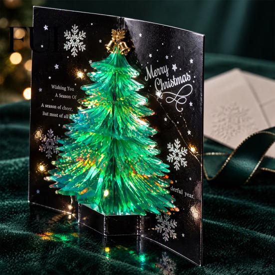 Birthday Greeting Card for Friends 3D Christmas Tree Card, Glitter Pop Up Unique Gift Family Members Winter Holiday Cards New Year Xmas Party