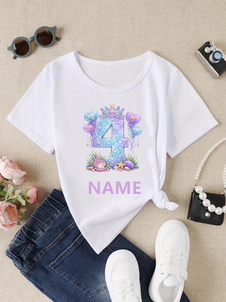 Customized Name Birthday Girls TShirt Colorful Starfish Seashell Ocean Themed Balloons Blue Pearl Crowns Printed Tshirt Tops
