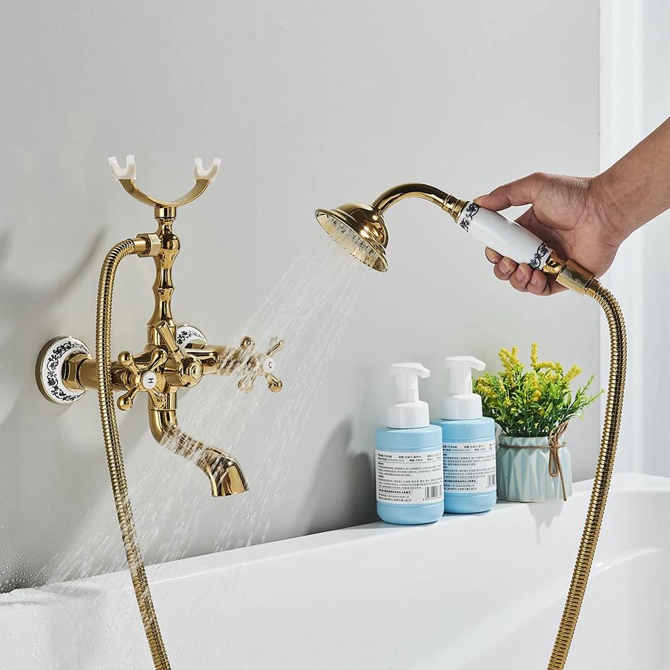 Luxury Golden Black Bathtub Faucet Mixer Tap Telephone Style With Sprayer Hand Shower Rotate Spout Tub Hot Cold Water Mixer Sets