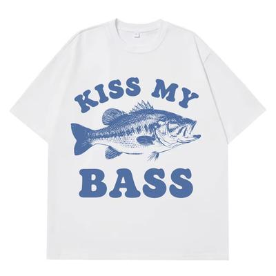Ретро Футболка для рыбалки Kiss My Bass Смешная футболка с мемом Мужская Женская Модная одежда Футболка Летняя Хлопковая Повседневная Харадзюку Футболки
