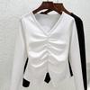 Spring and Autumn Women's Blouse V-neck Underwear Bottoming Shirt Pleated Long-sleeved Tops