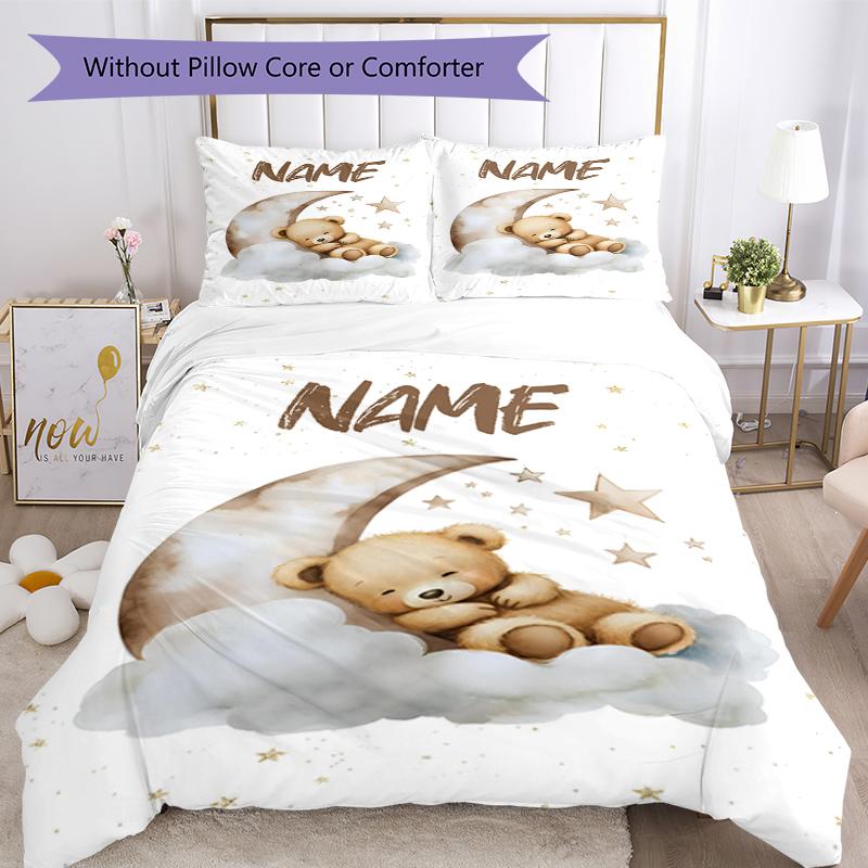 3pcs Custom Name Bear Bedding Set Duvet Cover Closure Includes 1 Duvet Cover & 2 Pillowcases, Soft and Comfortable for All Seasons.