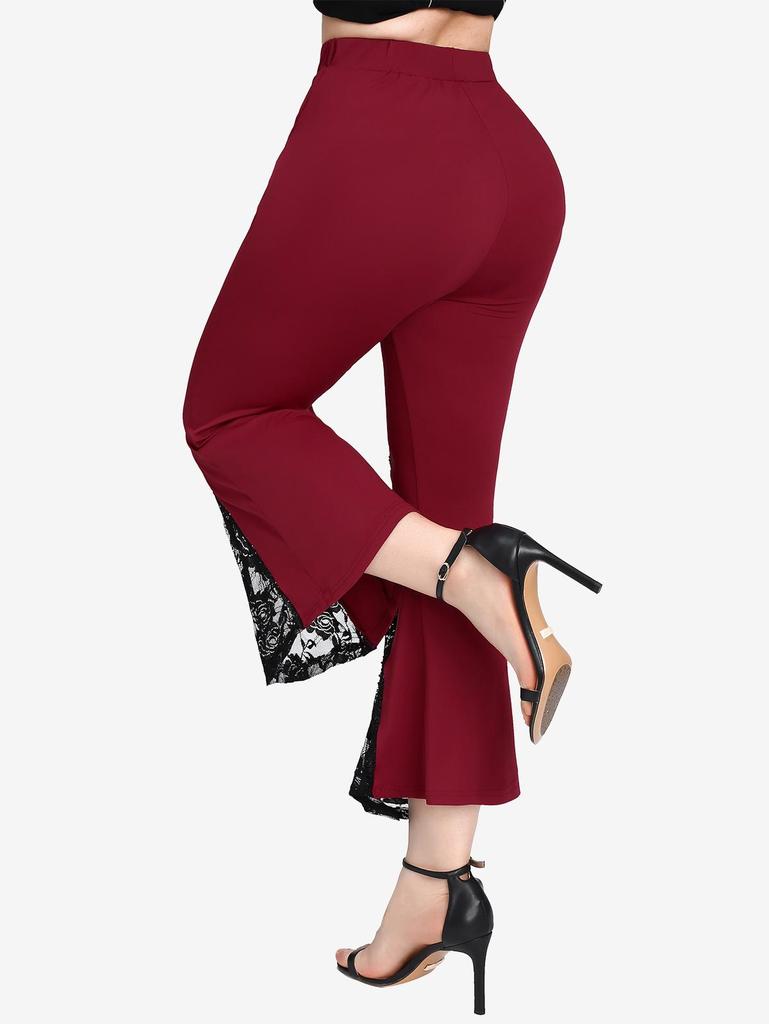 Rosegal Plus Size Цветочные кружевные карманы Цепочки плетеные брюки клеш