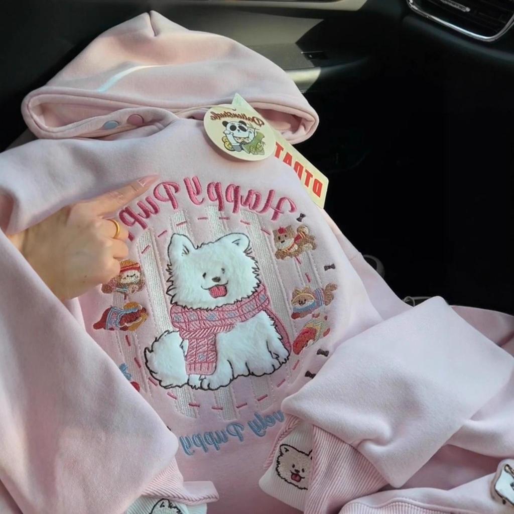 Унисекс Милый Мультяшный Розовый Худи с Вышивкой - Свободный Крой, Плюс Бархат, Осенне-Зимний Стиль