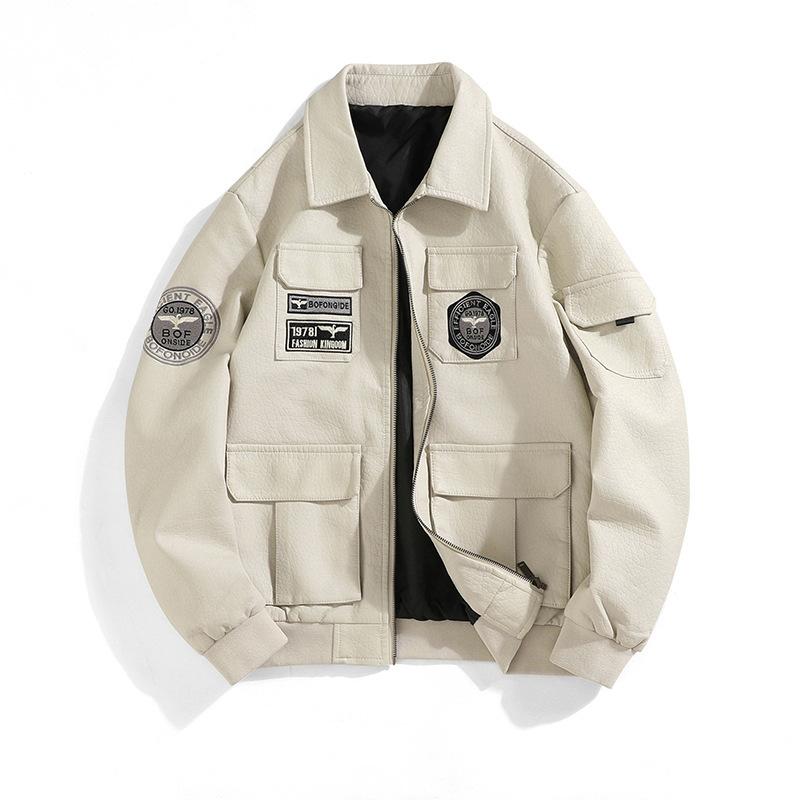 Spring and Autumn New Military Style Aviator Leather Jacket Men's Large Size Slim Lapel Embroidered Men's Leather Jacket