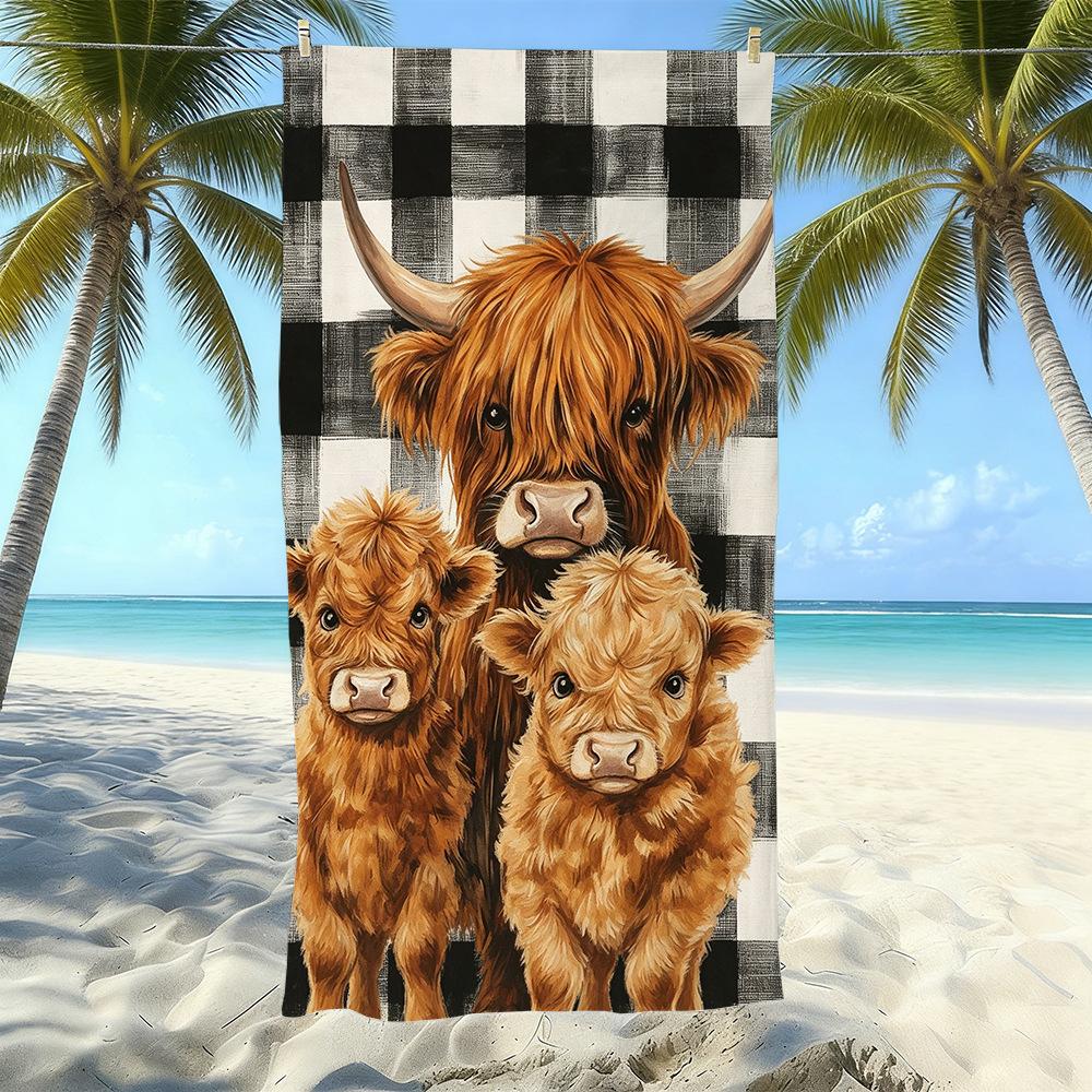 European And American Retro Highland Beef Printing Beach Towel Microfiber Thickened Water Absorption Quick Drying Outdoor Bath Towel