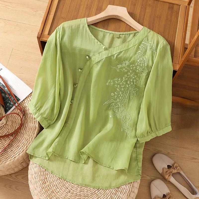 Summer Buttons Short Sleeve Embroidered Blouse Casual Women Tops Retro Loose Fit Cotton Linen Blouses
