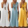 Summer Lapel V-neck Sleeveless Shirt Dress High-Waist Single Breasted Waist Tight Solid Color Midi Dress Workwear