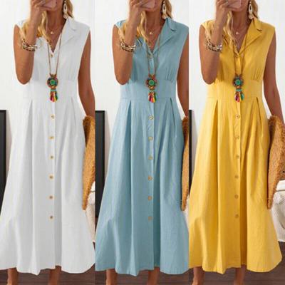 Летнее платье-рубашка без рукавов с V-образным вырезом и лацканами, с высокой талией, на одной пуговице, облегающее талию, однотонное