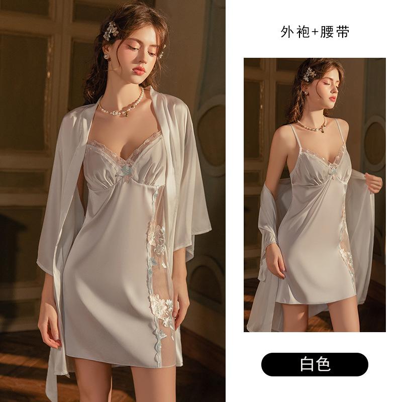 Women's Satin Floral Embroidered Mesh Deep V Slit Cami Sleep Dress with Robe Lounge Set