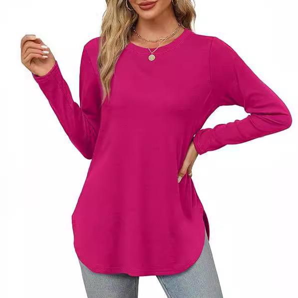 Womens Long Sleeve Round Neck Shirts Side Split Basic Loose Tunic Tops Casual Shirts Ropa De Mujer Fashion