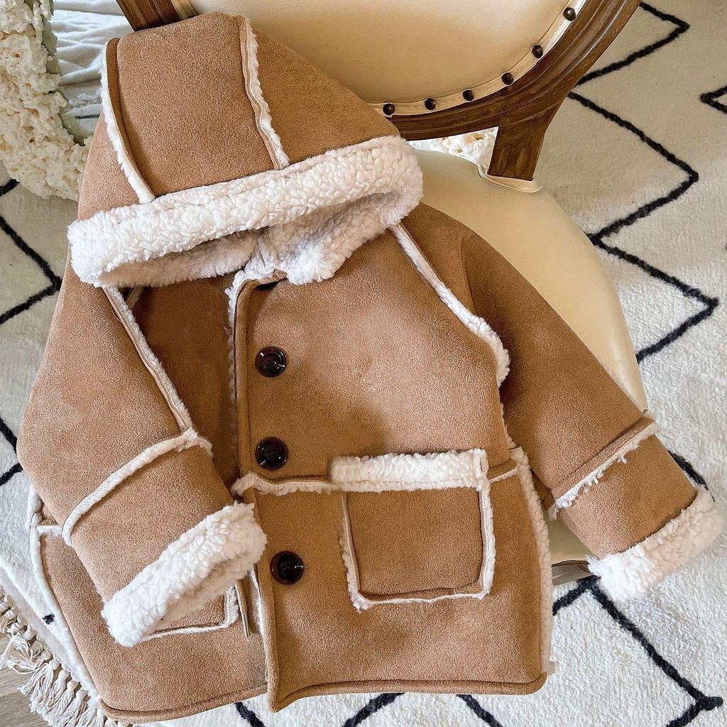 Retro Suede Lamb Wool Winter Coat for Babies - Unisex, Thick, Warm Korean Style