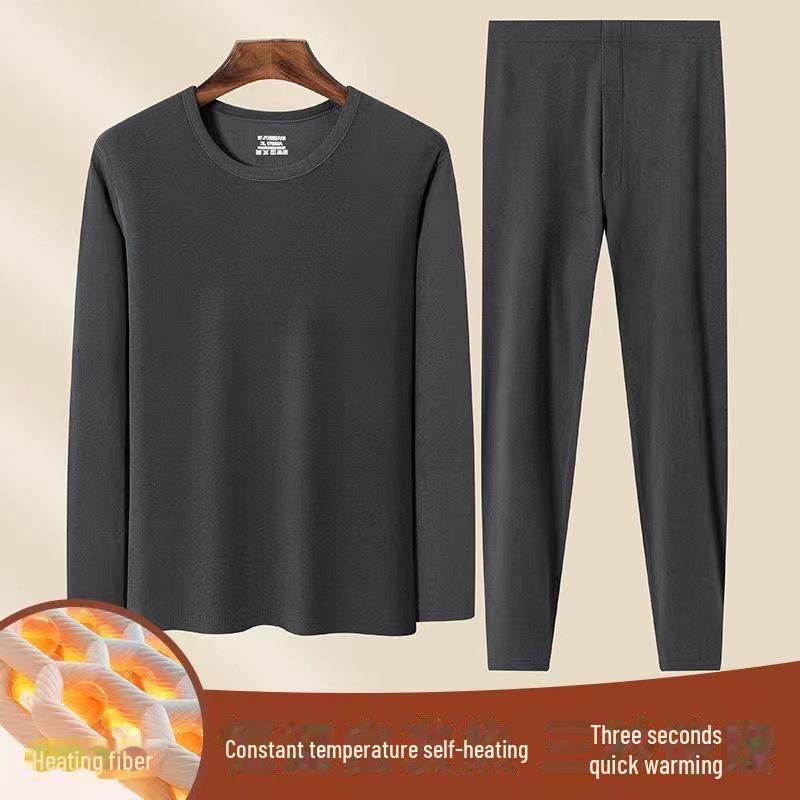 Мужское термобелье: Самосогревающийся костюм из утолщенного немецкого бархата с круглым вырезом для осени и зимы, идеально подходит для людей среднего и пожилого возраста.