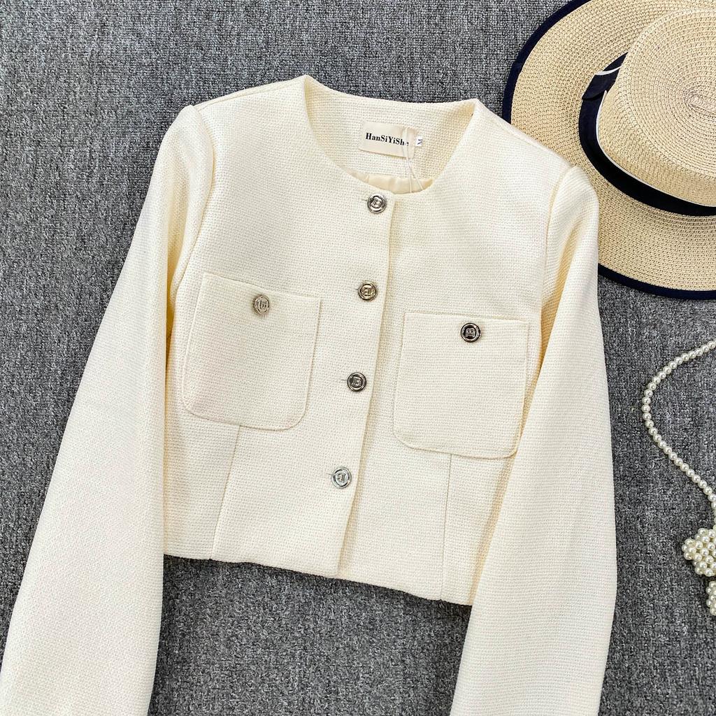 Осень Зима Женский Элегантный Маленький Ароматный Ветер Полный Рукав Однобортный Твидовый Короткий Пиджак Пальто с Карманом