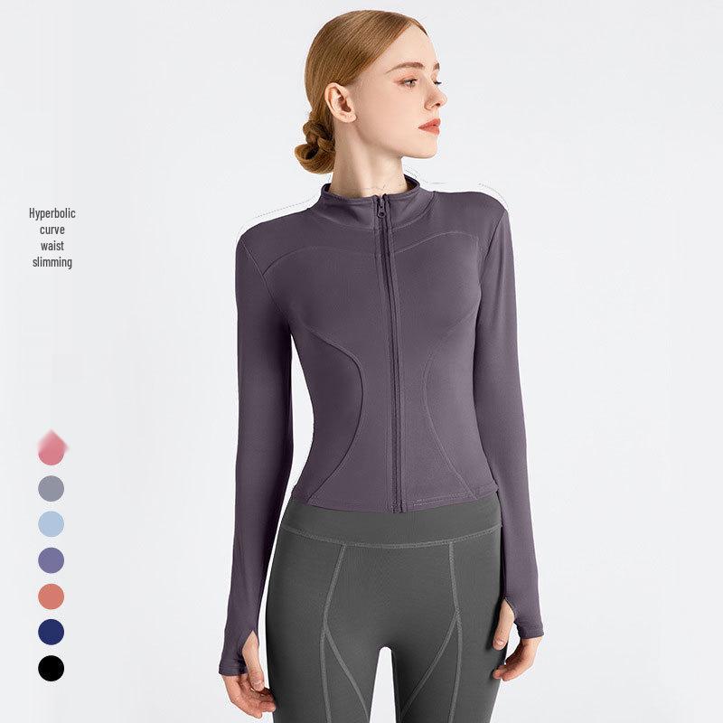 Персиковая фитнес-куртка: Быстросохнущий спортивный топ с длинным рукавом и молнией, со стойкой воротником, для йоги весной и осенью
