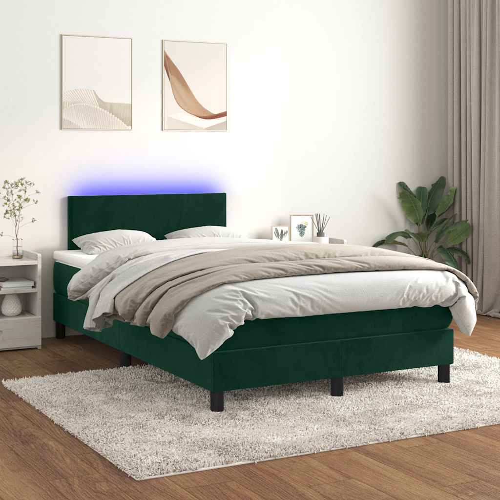 Box Spring Bed with Mattress & LED Dark Green 120x200 cm Velvet