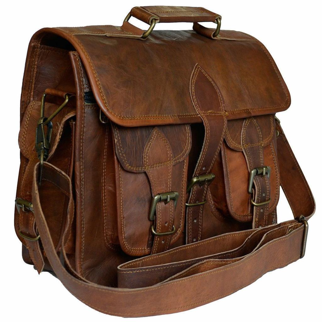 Brown Men's Goat Leather Vintage Laptop Shoulder Handmade Briefcase Bag Satchel