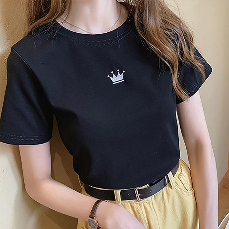 New Summer Slim-fit Embroidered Round Neck Short-sleeved T-shirt for Women's Students' Base Top