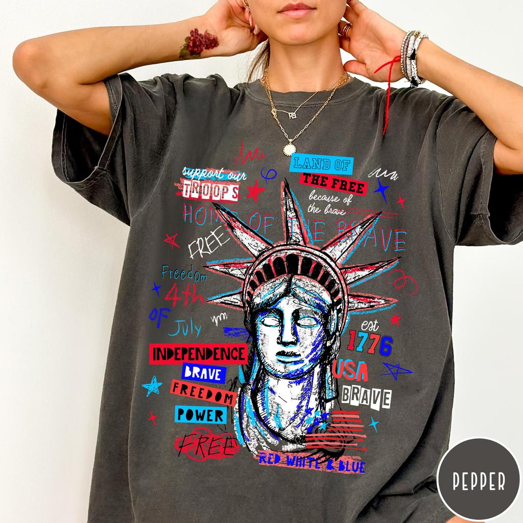 Grunge 4th of July Shirt, Vintage Unisex T-Shirt, Statue of Liberty Oversized Shirt, Retro Graphic Trendy 4th of July Tee