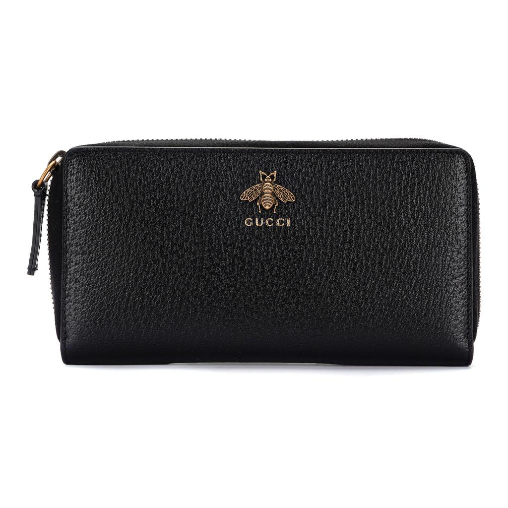 Gucci Animalier Zip Around Wallet Black Leather Gold Bee Emblem Designer Long Wallet 523667-DJ20T-1000
