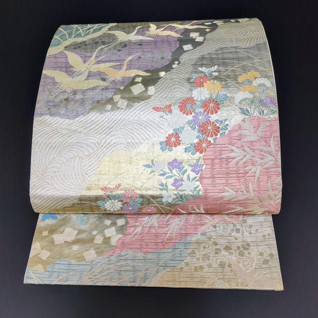 Used H-519 Fukuro obi, pure silk, six pieces, gold thread, silver thread, crane, flower pattern, torn colored paper pattern
