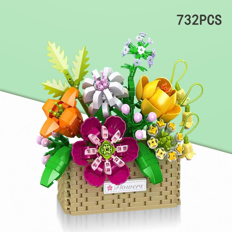 Diy Sunflower Rose Bouquet Potted Plant Creative Flower Basket Assembly Of Building Brick Set Home Decoration Children Gift